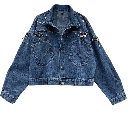 VSUE Women Blue Beading Dragonfly Embroidery Denim Loose Short Jacket Button Pocket Turn Down Collar Jacket C0533