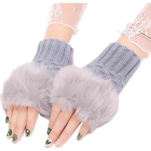 Women Winter Fluffy Plush Patchwork Half Finger Gloves Crochet Knitted Solid Color Short Fingerless Mittens Outdoor Windproof Wr