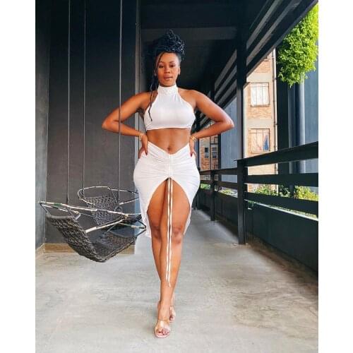 2021 New Arrival Famous Brand 2 pcs Women Set Solid Bandage O-Neck Short Tops Midi Dress Summer Beach Outfits