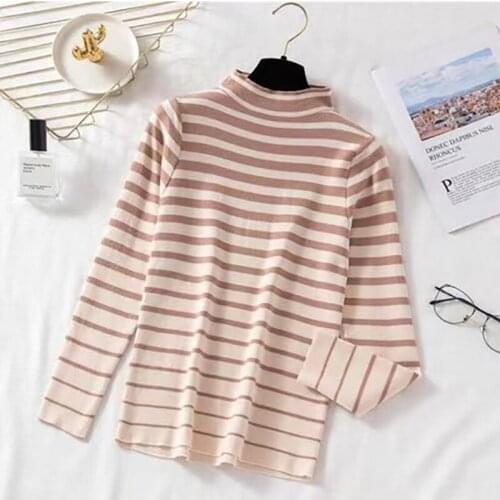 Striped Sweater Women Mock Neck Long Sleeve Top Slim Knitted Vintage Pullovers Blusa De Frio Feminina Sweter Mujer 2021 Autumn
