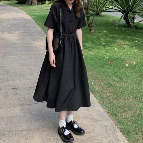 Summer New Business Suit Collar Short-Sleeve Dress Korean Long A-line Woman Dress Vestido De Mujer Femme Robe