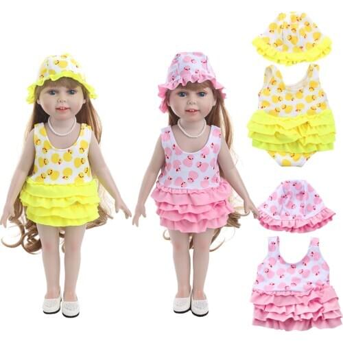 18 Inch American Doll Girls Swimsuit Cute Little Duck Printed Swimming Skirt + Hat Baby Toys Fit 43 Cm Boy Dolls Gift c751