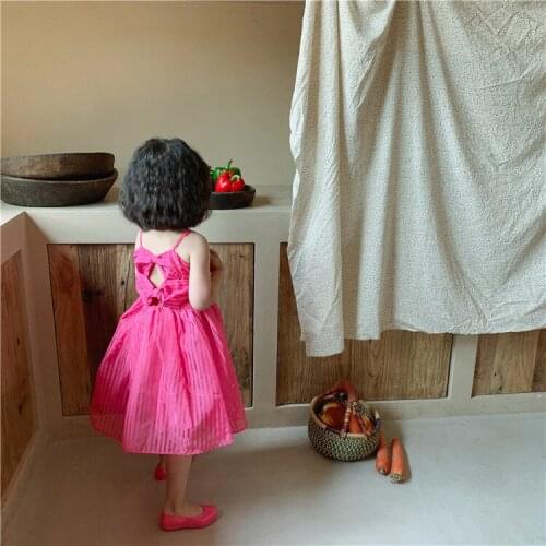 2021 Kids Girls Sling Dress with Bows Pink Toddler Sundress Summer Clothing for Children Casual Wear