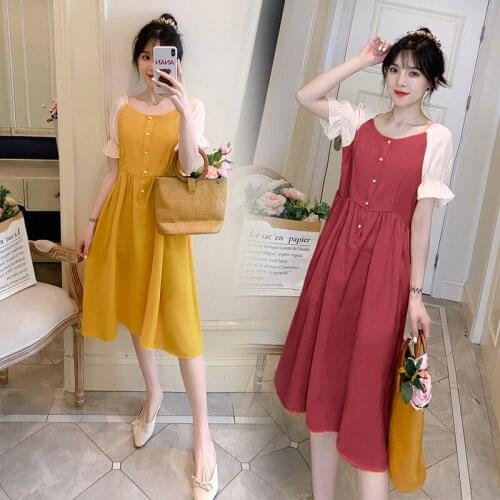 252# Maternity Clothes Summer Cotton O Neck Patchwork Short Sleeves Loose Stylish Dress Pregnant Women Mom Dress