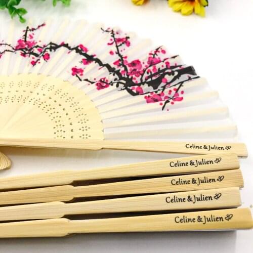 36PCS Personalized Cherry Blossom Fan in Yarn Bag Custom Printing Bride&Groom Date and Name Party Decoration Supplies
