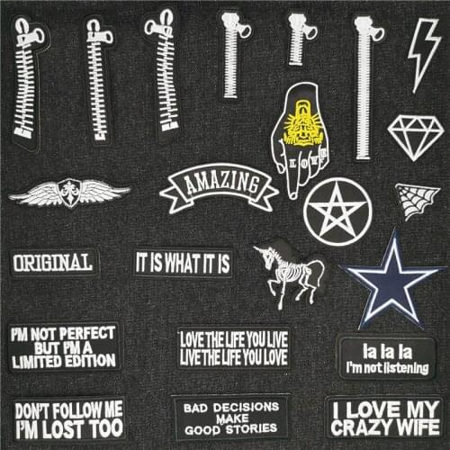 46 Styles) Black and White Pentagram Embroidery Patches for Jacket Alphabet Patch Iron on Transfer Stripes Letters Appliques