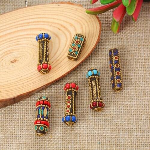 5pcs Vintage Tibetan Beads Nepal Indian Long Cylindrical Metal Pendant Handicraft Accessories Necklace Beads For Jewelry Making