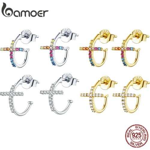 BAMOER Sterling Silver 925 Hoop Earrings for Women Half Hoops Cross Silver Jewelry Brincos Wedding Fine Jewelry