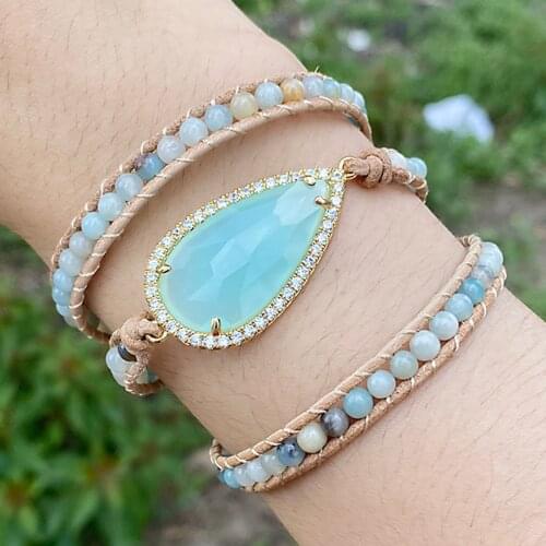 Wrap Bracelet Natural Stone Beaded Bracelet Jewelry Genuine Leather Bangle for Men Women Water Drop AAA Zircon Jewelry Boho Gift