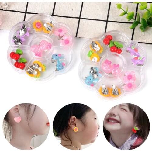 Children Baby Girl Jewelry Kids Cute Animal Fruit Cherry Resin Ear Clip On Pierced Party Gift Cartoon Flower Earrings