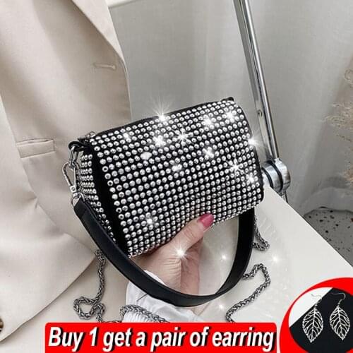 Elegant Bright Diamond Shoulder Bag Women PU Leather Crossbody Bag Fashion Chains Messenger Handbag Luxury Lady Armpit Pouch sac