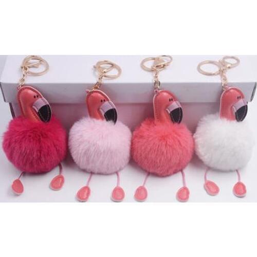 Hawaiian cocktail Wedding Hen Party Favors Flamingo Keychain Fluffy Artificial Rabbit Fur Ball Key Chain Women Car Bag Key Ring