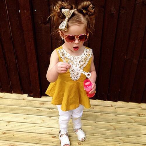 Ins Baby Girls Ruffles Tees Lace Neckline Yellow Top Sleeveless Cotton Summer Tops Blouse Wholesale