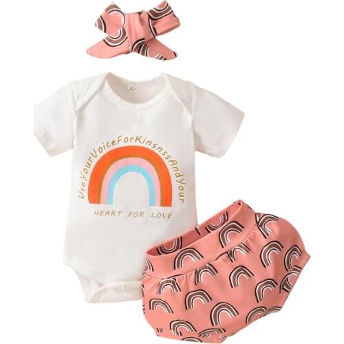 3Pcs Baby Tracksuits, Rainbow Print O-Neck Short Sleeves Romper Elastic Pantie Headband Baby Girl Clothes Summer 0-18 Months