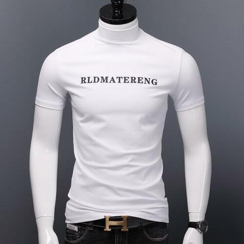 2021 New Modal White Print T Shirt Men Causal Turtleneck T-Shirt Male High Quality Cotton Stretch Tops