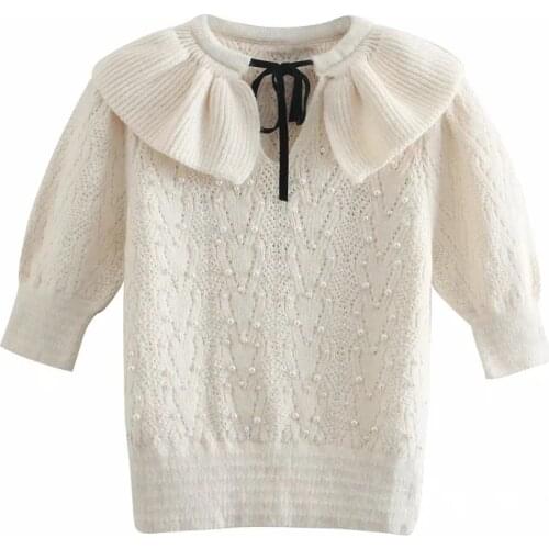 ZA New 2021 Women Medium Sleeve Bow Tie Sweaters Pullovers Warm Minimalist Solid Ruffle Decoration Jumpers Ladies Chic Tops