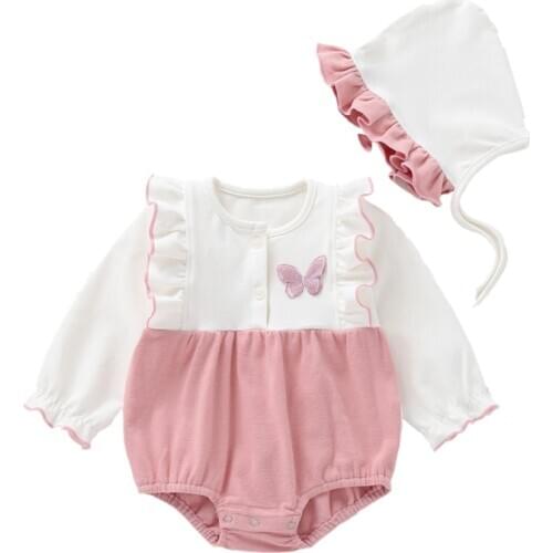 New Fashion Baby Romper Girls Clothes spring Autumn Long Sleeve Lace Toddler Butterfly embroidery Jumpsuit with Cotton Hat