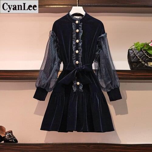 Cyanlee Autumn Winter Women Casual Dress O-neck Ruffles Patchwork Lantern Sleeve A-line Voile Fashion Temperament Mini Dress