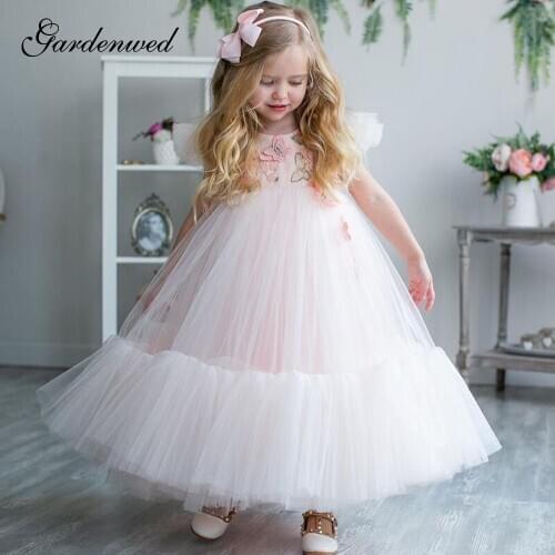 Gardenwed Puffy Floral Simple Flower Girl Dresses Emboridery Flower Applique Prom Dress Kids Puffy Ball Gown,Celebrity Dress