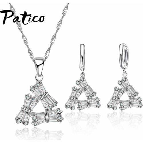 925 Sterling Silver Clear Austria Crystals Triangle Hoop Earrings and Pendant Necklace Jewelry Set For Wedding Bridesmaid