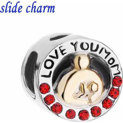 Slide charm Free shipping Mothers Day gift mom love you red crystal amulet charm beads fit Pandora bracelet