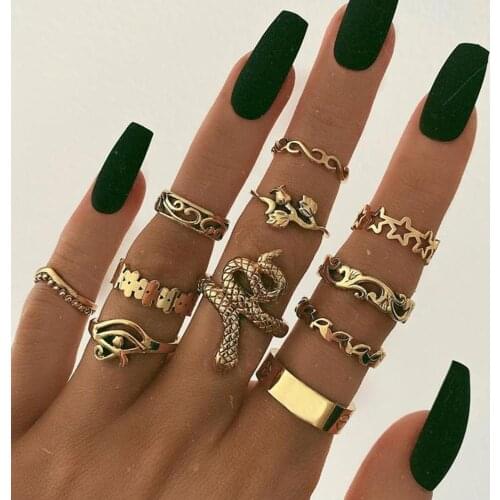 Starose 11 pcs/Lot Hot Boho Gold Color Snake Rose Flower Finger Rings Set Star Joint Ring Toe Knuckle Rings for Women Jewelry