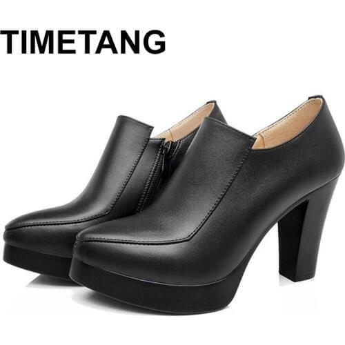 TIMETANG Spring autumn womens shoes thick high heels fashion women genuine leather shoes first layer of cowhide platform pumps