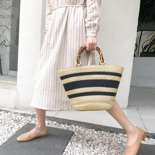 Fashion Bamboo Handle Handbags Women Casual Striped Bucket Bag Large Capacity Rattan Straw Bags Wicker Summer Beach Travel Purse