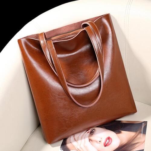 Vintage Oil Wax Genuine Leather Tote Bags For Women Large Capacity Ladies A4 Work Hand Bag High Quality Bucket Shoulder Bag 2021
