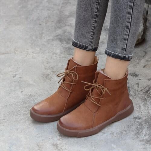 Womens Boots Winter Fur Shoes Plush Ladies Ankle Boots 100% Genuine Leather Lace up Woman Boots Female Footwear