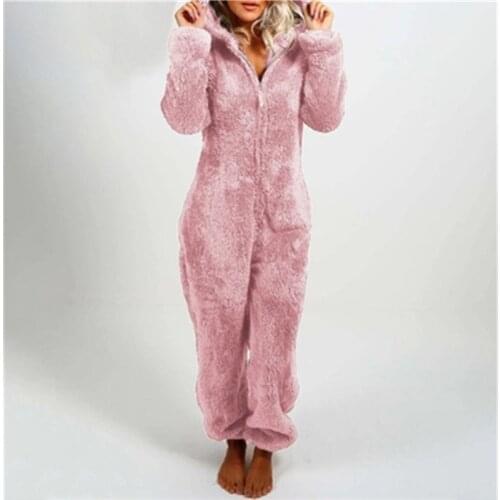 Women Cute Fleece Plush Warm Hooded Pajamas Jumpsuit New Autumn Winter Long Sleeve Solid Color Loose Casual Sleepwear Homewear