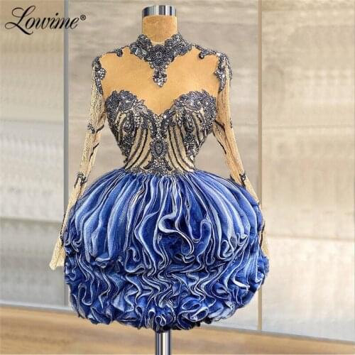 Blue Ball Gown Short Prom Dress Evening Dresses Wedding Party 2021 Long Sleeve Beading For Woman Dresses Illusion Cocktail Dress