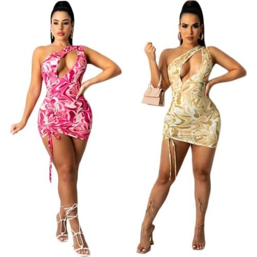 2021 European and American Party Sexy Slim Solid Color Womens Pleated Backless Chest Hollow Mini Dress