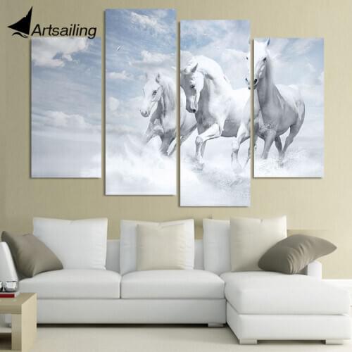 4 Panel Canvas Art Canvas Painting White Horses Running HD Printed Wall Art Poster Home Decor Picture for Living Room XA138B