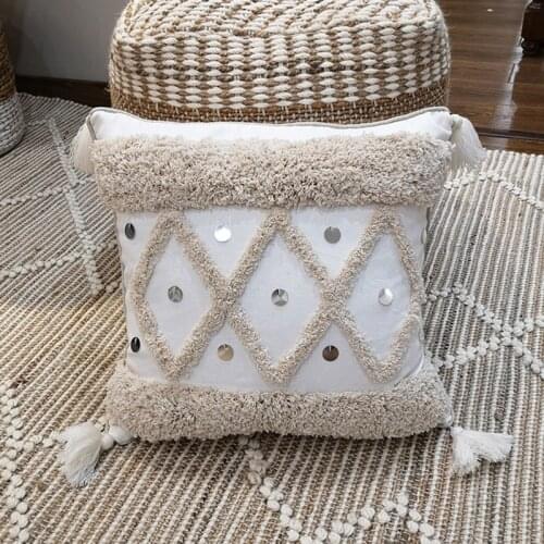 White Canvas Geometric Cushion Cover 45x45cm/30x50cm Embroidery Pillow Cover with Sequin Home Decor Tassels Pillow Case