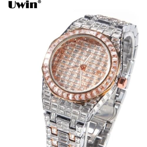 UWIN 2021 Fashion Iced Out Watch Men Diamond Stainless Steel Hip Hop Mens Wrist Watches Luxury Square Zircon Big Dial Watches
