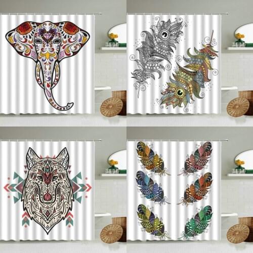 Color Feather Animal Elephant Wolf Horse Shower Curtain Creative Ethnic Style White Background Bathroom 3D Waterproof Curtains