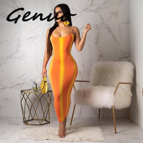 Genuo Gradient Striped Sexy Bodycon Dress Women Neon Orange Spaghetti Strap Backless Party Dress Summer O Neck Sleeveless Beach