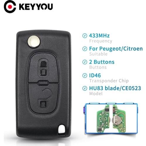 KEYYOU 5X For Peugeot 433Mhz ID46 ASK Remote Car Key For Peugeot 207 307 407 208 308 408 607 Partner Key 2 Button CE0523 Ce0536