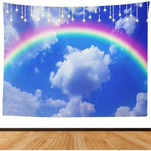 Beautiful natural landscape Blue sky, white clouds, rainbow tapestries, blankets, mountains and rivers Home bedroom decoration