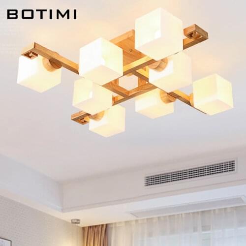 BOTIMI Square Natural Wooden Ceiling Lights For Living Room Glass Ceiling Mounted Bedroom Lighting Fixtures Modern Dinning Lamp