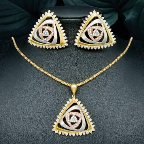 ModemAngel Especially Geometry High Quality 3Tone Pendant Necklace And Earring Women Wedding Party Bridal