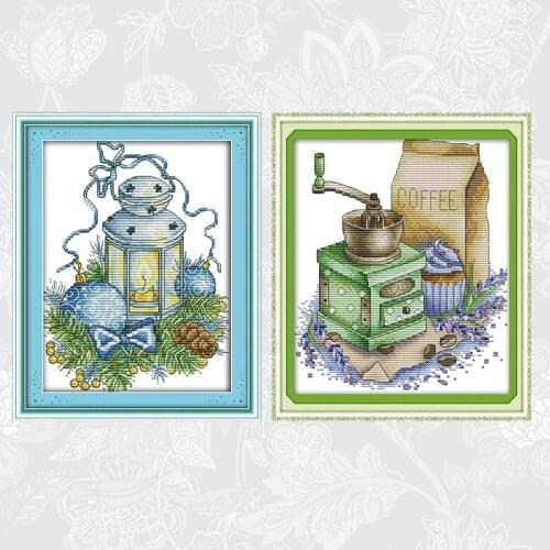 Blue Christmas Lights and Coffee Needlework Set,Handmade Crafts Home Decor,Count Print On Canvas Embroidery 11CT 14CT