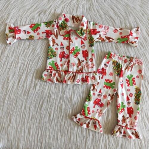 Wholesale Boutique Christmas Elf Christmas Tree Cute Print Button Boy & Girl Pajamas High Quality Set