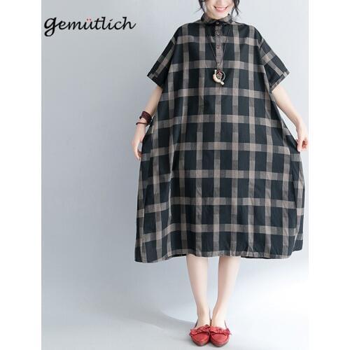 GEMUTLICH Plus Size Summer Women Plaid Dress Loose Casual Long Turn-down Collar Cotton Dress Vintage Red Black