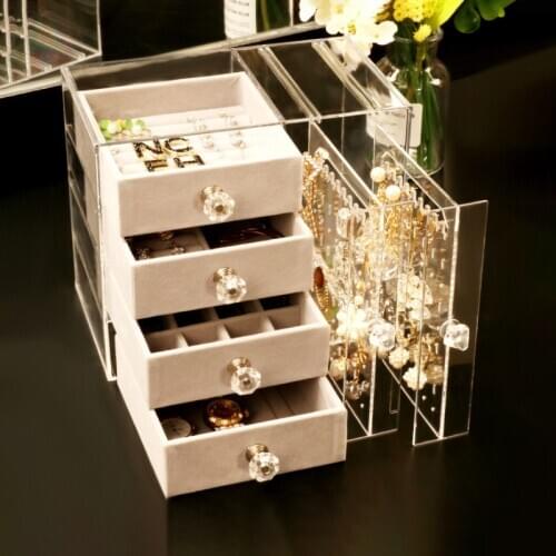 Transparent Jewelry Box Multi-layer Flocking Drawers Womens Earrings Bracelets Jewelry Organizer Stackable 128 Booths Storage