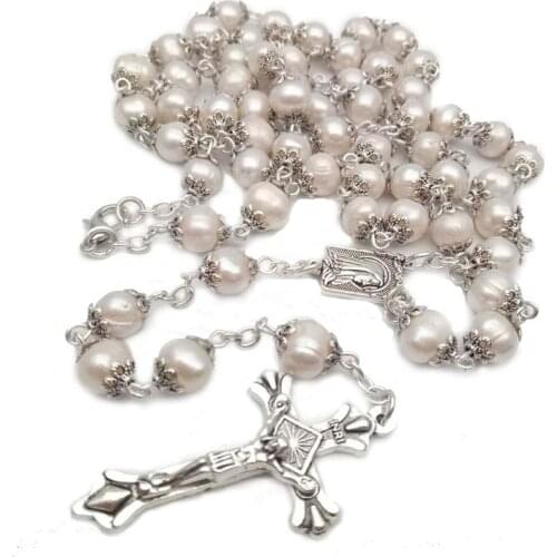 Religious Natural Freshwater Pearl Rosary High Quality Curved Needle Cross Necklace Catholic And Can Be Given As Gift Can Prayer