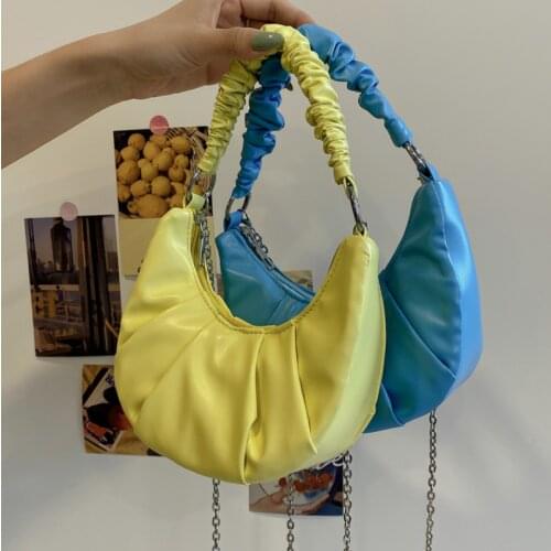PU Leather Women Crossbody Bags Candy Color Pleated Ladies Shoulder Crossbody Bags Metal Chain Female Simple Tote Pouch Handbags