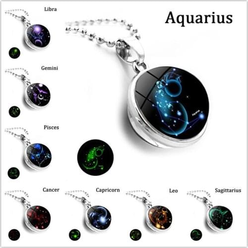 Luminous 12 Constellations Necklace Double Sided Glass Ball Pendant Gemini Gemini Virgo Aries Necklaces Men Women Birthday Gifts