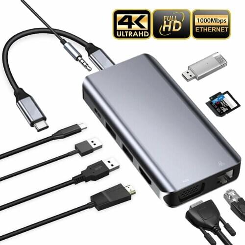 USB HUB Docking Station Type C Adapter USB 3.0 4K HDMI VGA RJ45 10 in 1 Converter for Macbook Thunderbolt 3
